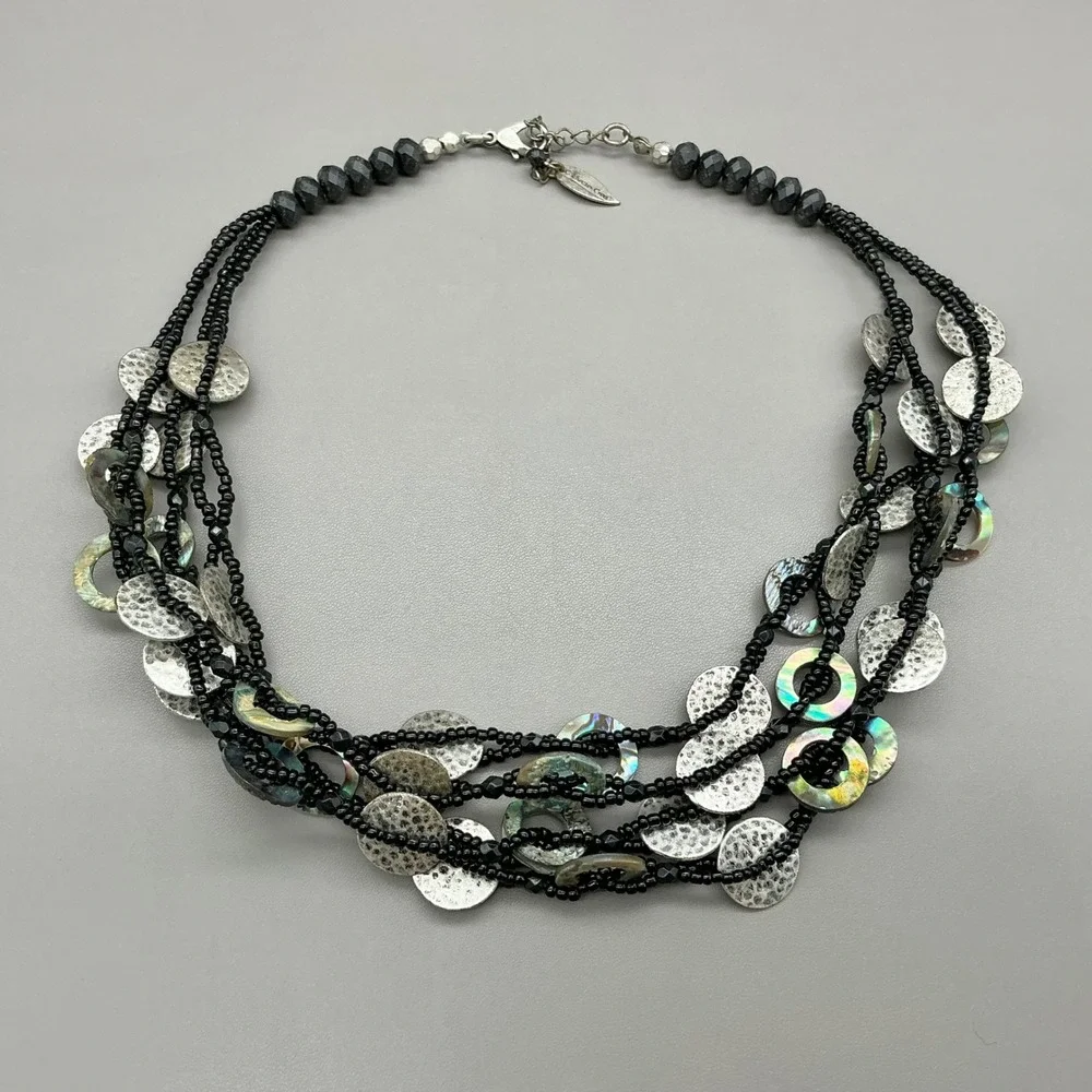 Coldwater Creek Necklace Black Multi Strand Abalone Shell Silver Tone Statement